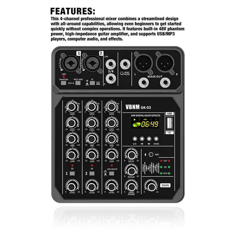 Reproductor USB/MP3 para karao - Audio Mixer 4 Channel reseña y precio
